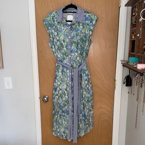 Floral Button-Down Dress with Striped Accents